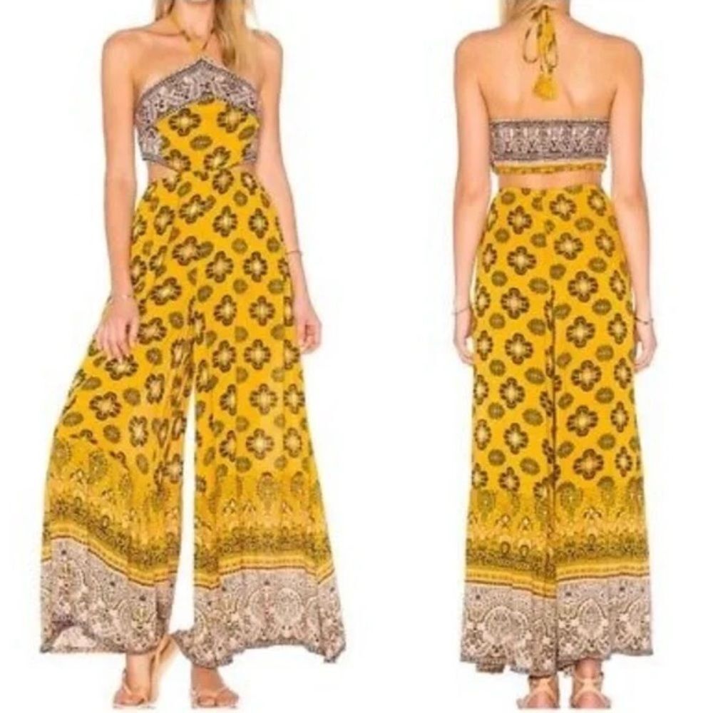 Free People Women's Mariabelle Yellow Halter Bohemian Wide Leg Jumpsuit Size XS